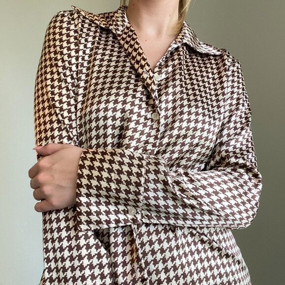 Kasper Brown and White Houndstooth Button Down Shirt - Picture 1 of 12